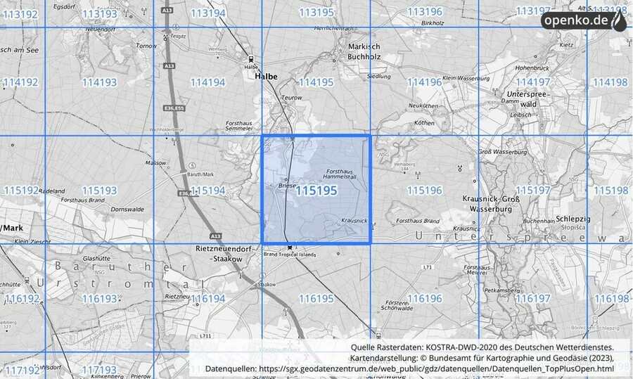 Übersichtskarte des KOSTRA-DWD-2020-Rasterfeldes Nr. 115195