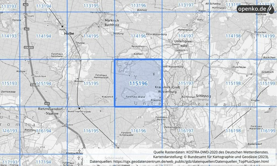 Übersichtskarte des KOSTRA-DWD-2020-Rasterfeldes Nr. 115196