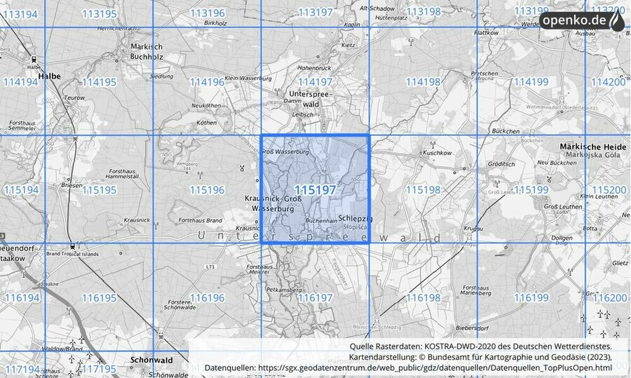 Übersichtskarte des KOSTRA-DWD-2020-Rasterfeldes Nr. 115197