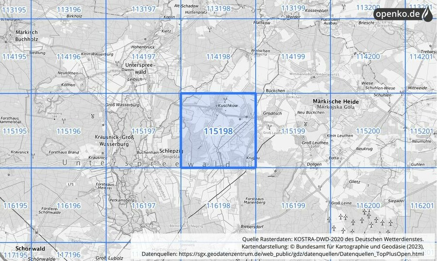 Übersichtskarte des KOSTRA-DWD-2020-Rasterfeldes Nr. 115198