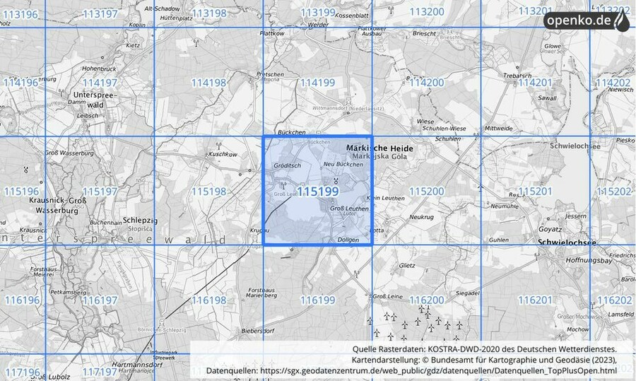 Übersichtskarte des KOSTRA-DWD-2020-Rasterfeldes Nr. 115199