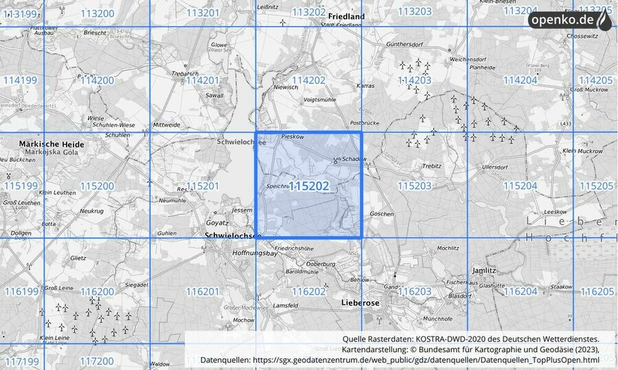 Übersichtskarte des KOSTRA-DWD-2020-Rasterfeldes Nr. 115202