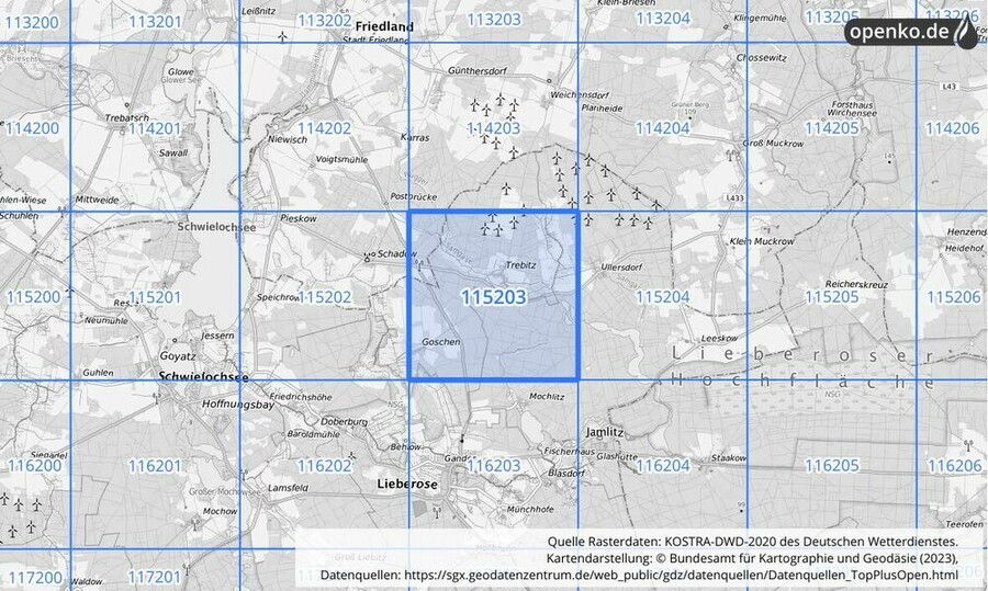 Übersichtskarte des KOSTRA-DWD-2020-Rasterfeldes Nr. 115203