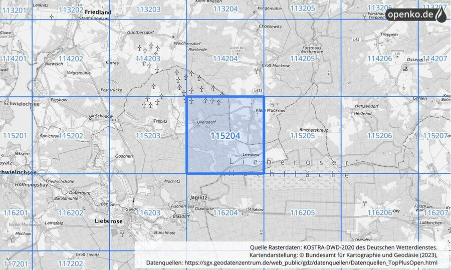 Übersichtskarte des KOSTRA-DWD-2020-Rasterfeldes Nr. 115204