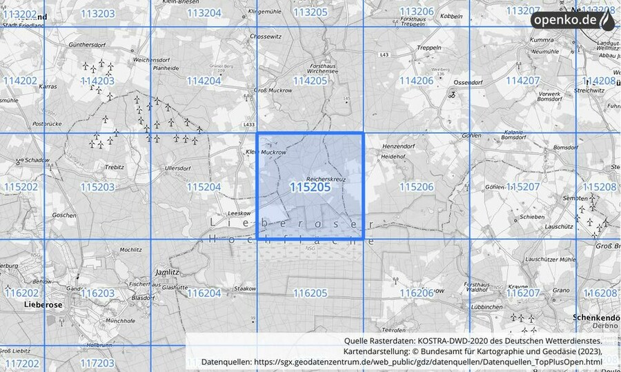Übersichtskarte des KOSTRA-DWD-2020-Rasterfeldes Nr. 115205