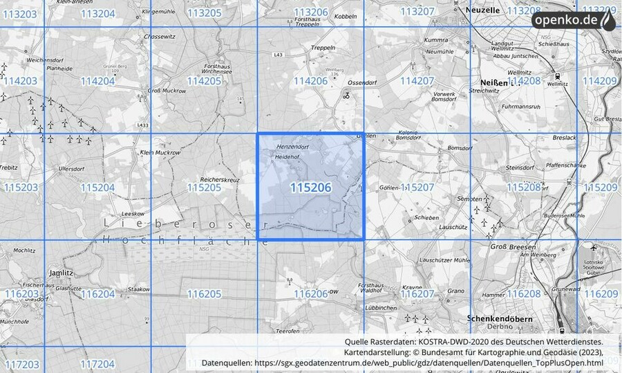 Übersichtskarte des KOSTRA-DWD-2020-Rasterfeldes Nr. 115206