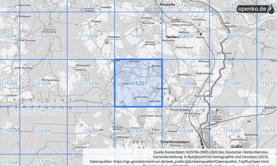 Übersichtskarte des KOSTRA-DWD-2020-Rasterfeldes Nr. 115207