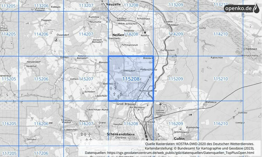 Übersichtskarte des KOSTRA-DWD-2020-Rasterfeldes Nr. 115208