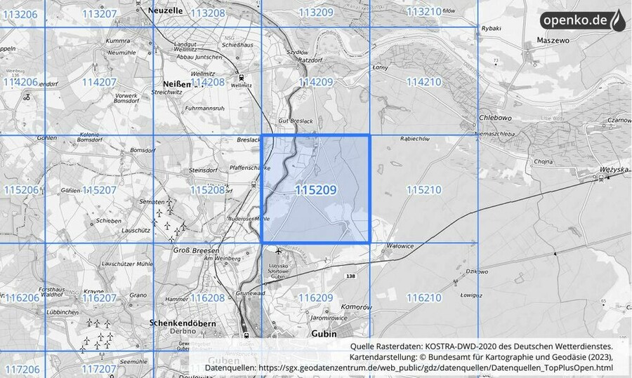 Übersichtskarte des KOSTRA-DWD-2020-Rasterfeldes Nr. 115209