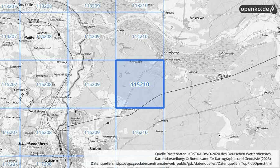 Übersichtskarte des KOSTRA-DWD-2020-Rasterfeldes Nr. 115210