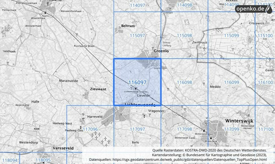 Übersichtskarte des KOSTRA-DWD-2020-Rasterfeldes Nr. 116097