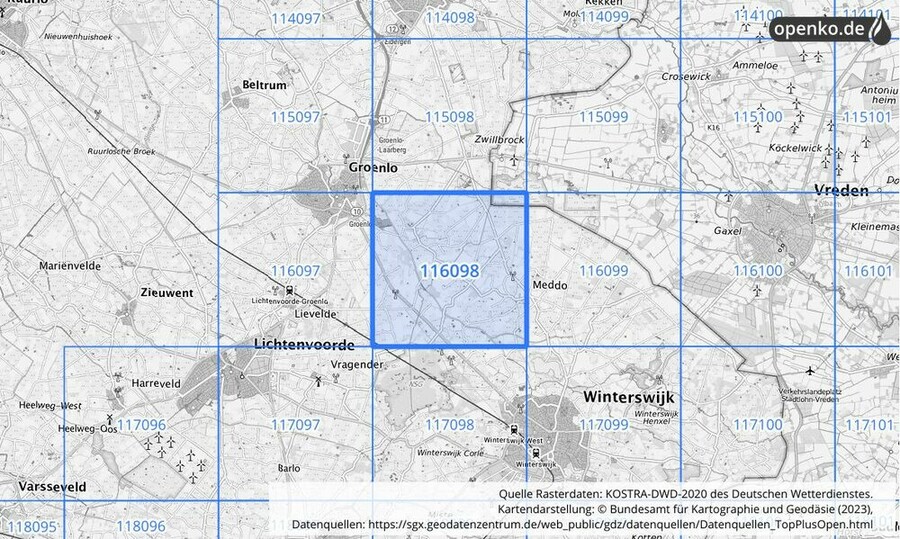 Übersichtskarte des KOSTRA-DWD-2020-Rasterfeldes Nr. 116098