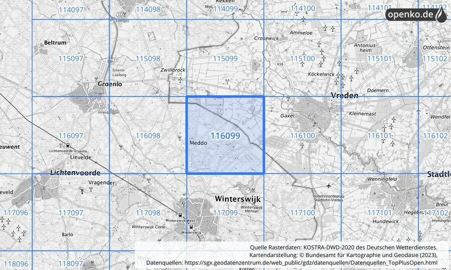 Übersichtskarte des KOSTRA-DWD-2020-Rasterfeldes Nr. 116099