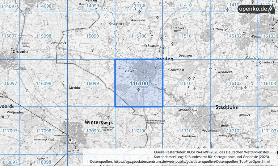 Übersichtskarte des KOSTRA-DWD-2020-Rasterfeldes Nr. 116100