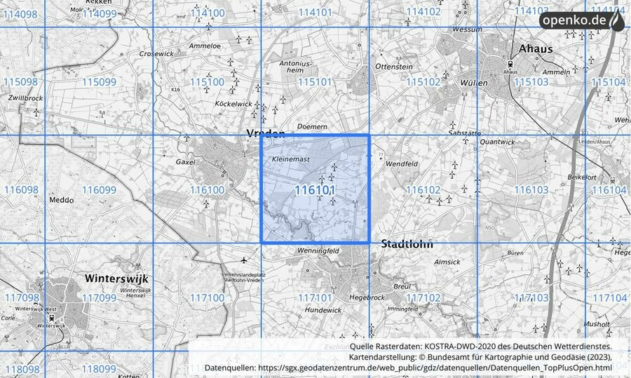 Übersichtskarte des KOSTRA-DWD-2020-Rasterfeldes Nr. 116101