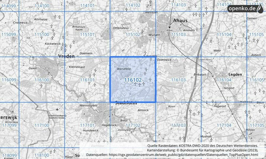 Übersichtskarte des KOSTRA-DWD-2020-Rasterfeldes Nr. 116102