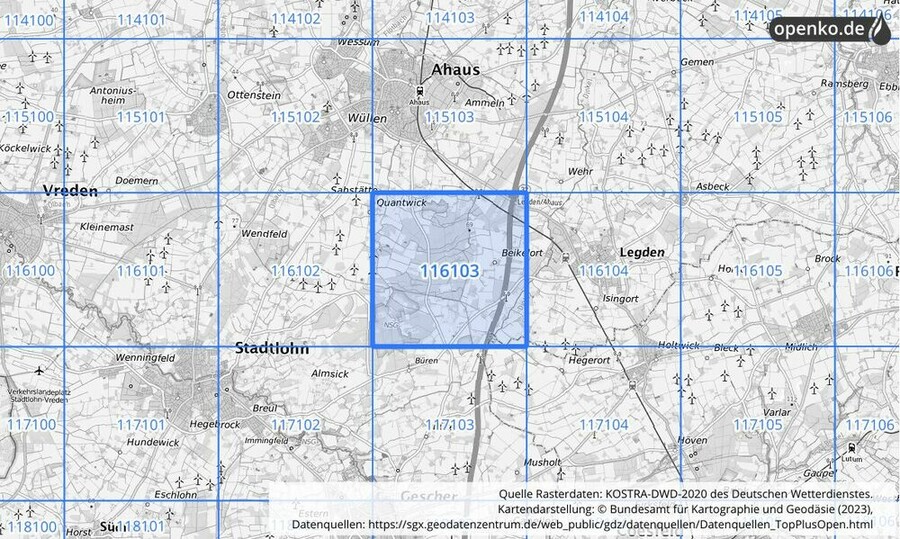 Übersichtskarte des KOSTRA-DWD-2020-Rasterfeldes Nr. 116103