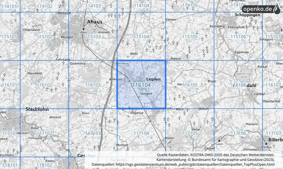 Übersichtskarte des KOSTRA-DWD-2020-Rasterfeldes Nr. 116104