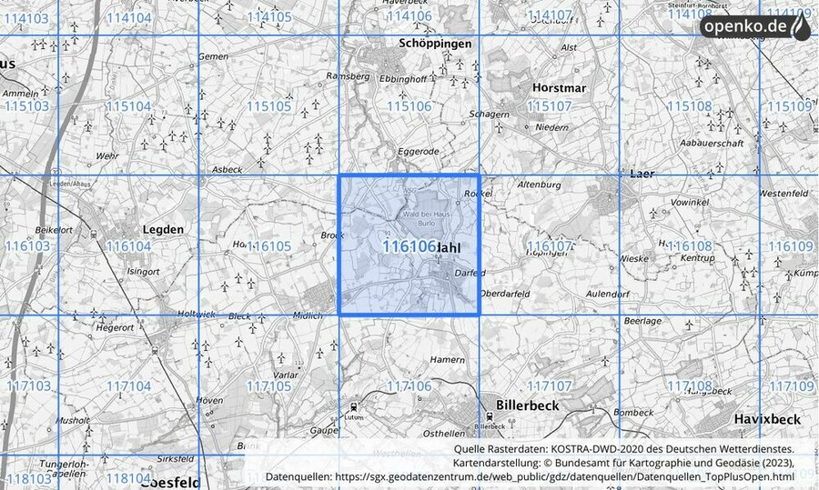 Übersichtskarte des KOSTRA-DWD-2020-Rasterfeldes Nr. 116106