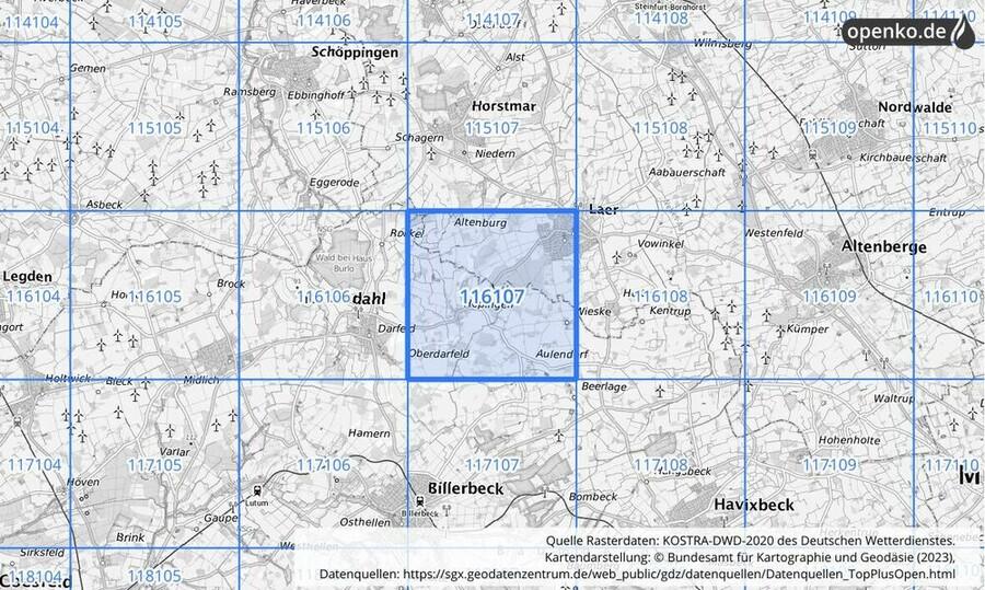 Übersichtskarte des KOSTRA-DWD-2020-Rasterfeldes Nr. 116107