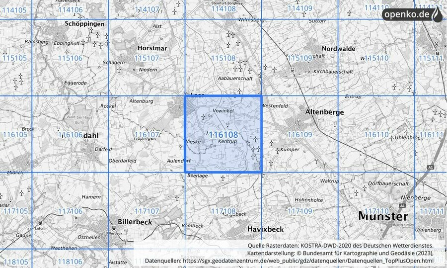 Übersichtskarte des KOSTRA-DWD-2020-Rasterfeldes Nr. 116108