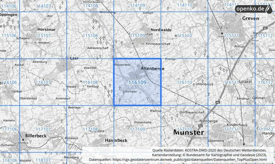 Übersichtskarte des KOSTRA-DWD-2020-Rasterfeldes Nr. 116109