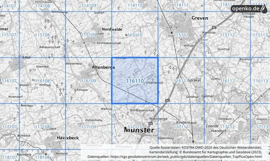 Übersichtskarte des KOSTRA-DWD-2020-Rasterfeldes Nr. 116110