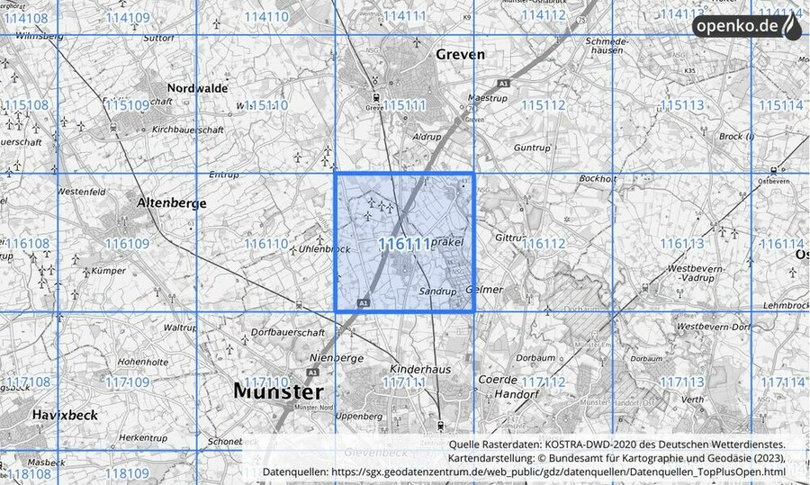 Übersichtskarte des KOSTRA-DWD-2020-Rasterfeldes Nr. 116111