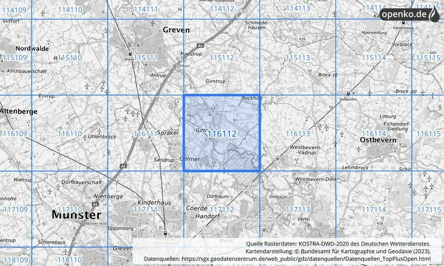 Übersichtskarte des KOSTRA-DWD-2020-Rasterfeldes Nr. 116112