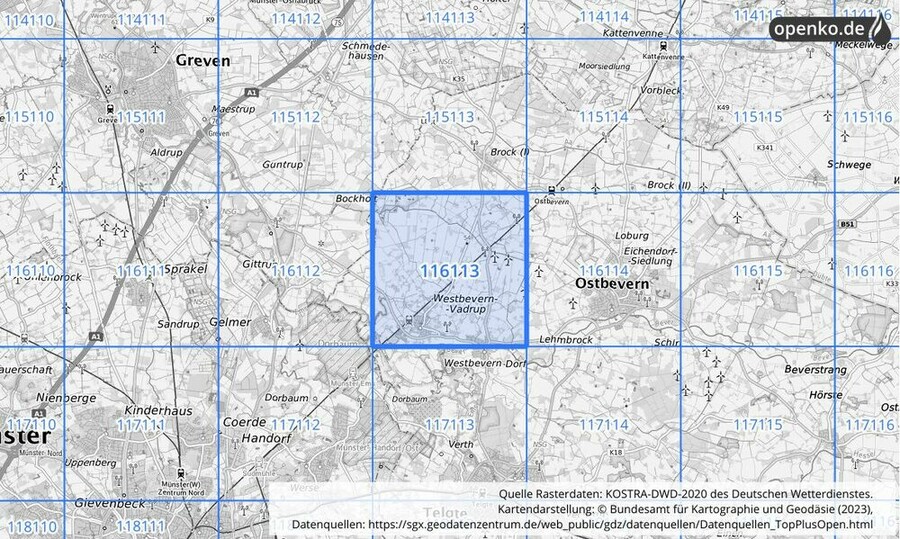 Übersichtskarte des KOSTRA-DWD-2020-Rasterfeldes Nr. 116113