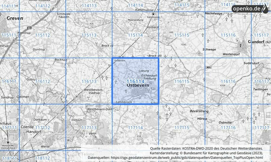 Übersichtskarte des KOSTRA-DWD-2020-Rasterfeldes Nr. 116114