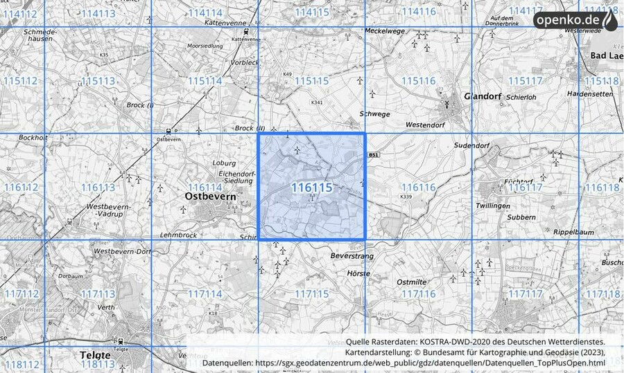 Übersichtskarte des KOSTRA-DWD-2020-Rasterfeldes Nr. 116115