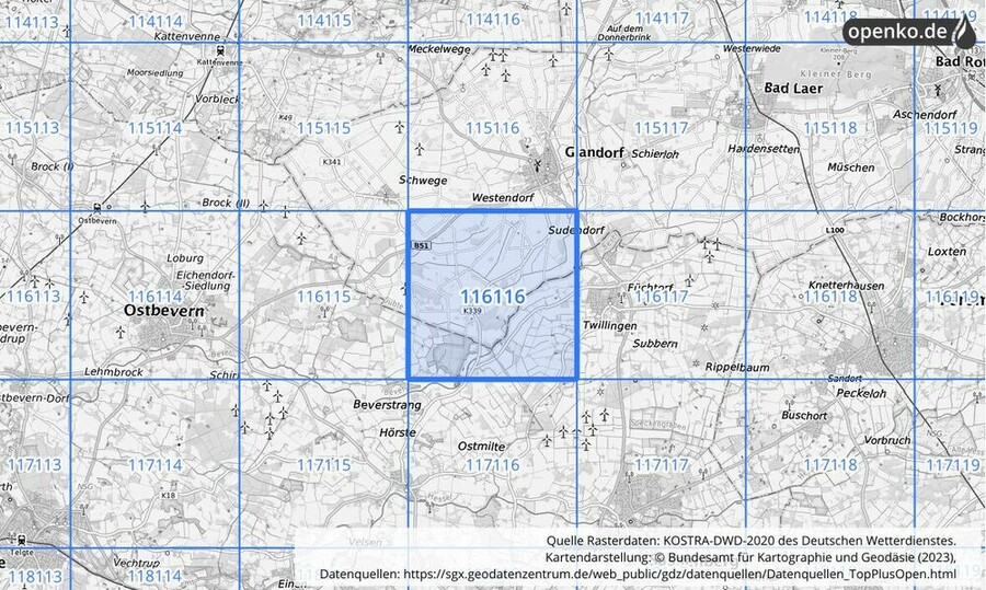 Übersichtskarte des KOSTRA-DWD-2020-Rasterfeldes Nr. 116116