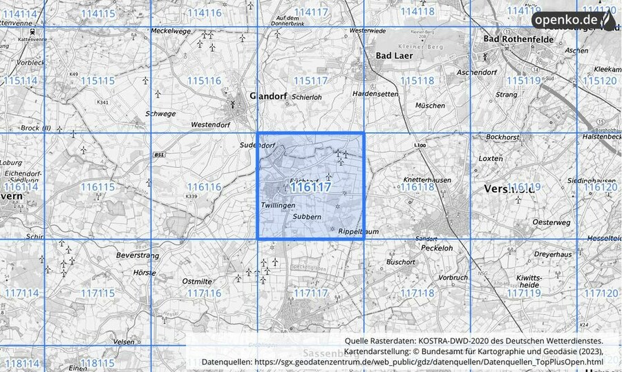 Übersichtskarte des KOSTRA-DWD-2020-Rasterfeldes Nr. 116117