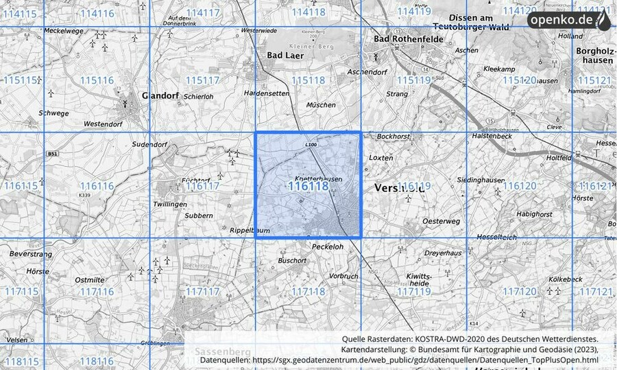 Übersichtskarte des KOSTRA-DWD-2020-Rasterfeldes Nr. 116118