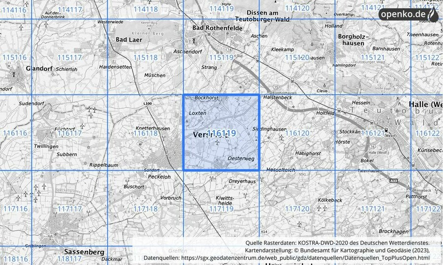 Übersichtskarte des KOSTRA-DWD-2020-Rasterfeldes Nr. 116119