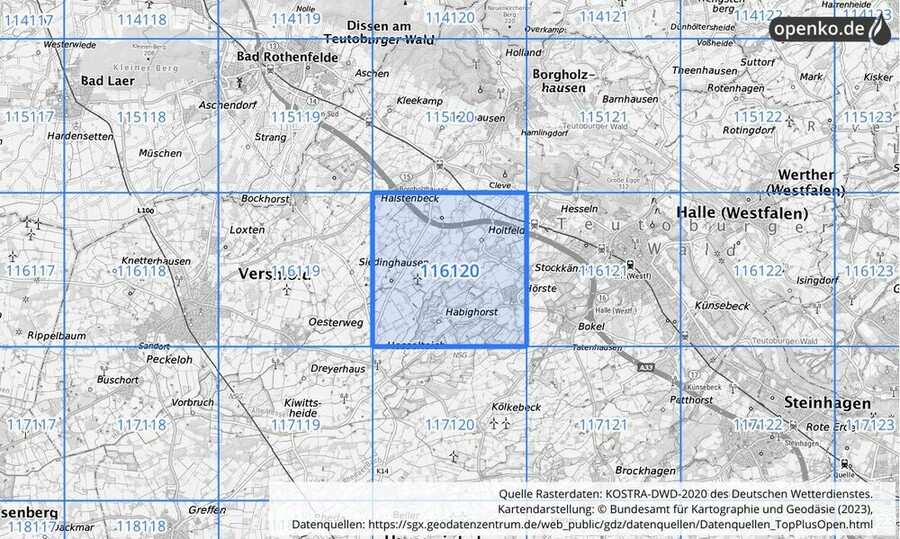 Übersichtskarte des KOSTRA-DWD-2020-Rasterfeldes Nr. 116120