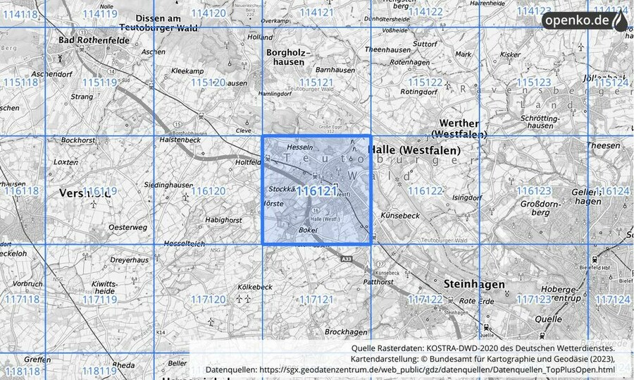 Übersichtskarte des KOSTRA-DWD-2020-Rasterfeldes Nr. 116121