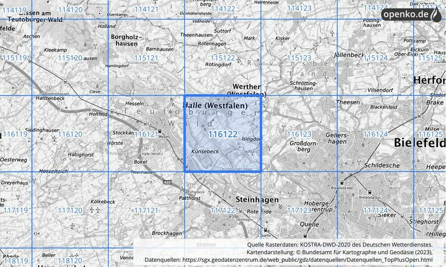 Übersichtskarte des KOSTRA-DWD-2020-Rasterfeldes Nr. 116122