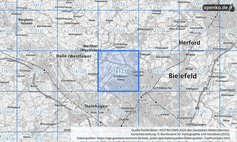 Übersichtskarte des KOSTRA-DWD-2020-Rasterfeldes Nr. 116123