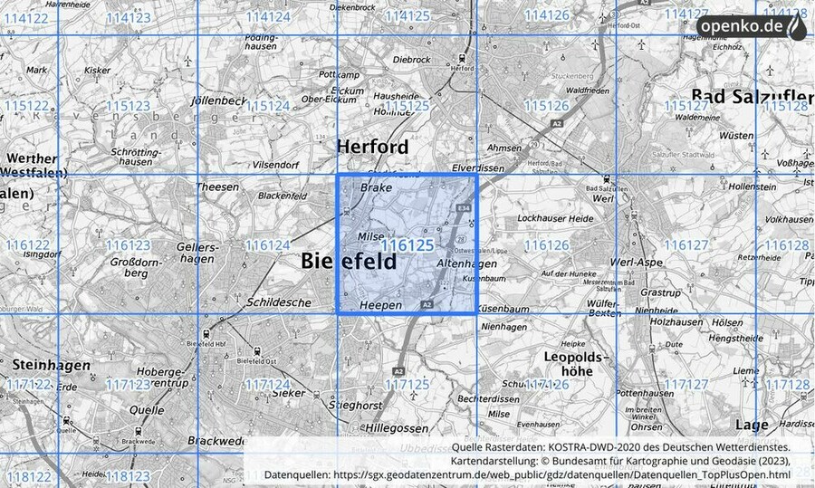 Übersichtskarte des KOSTRA-DWD-2020-Rasterfeldes Nr. 116125