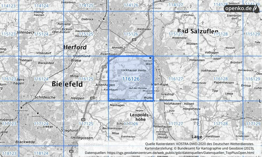 Übersichtskarte des KOSTRA-DWD-2020-Rasterfeldes Nr. 116126