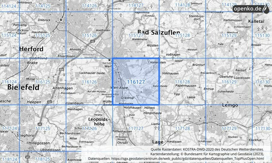 Übersichtskarte des KOSTRA-DWD-2020-Rasterfeldes Nr. 116127