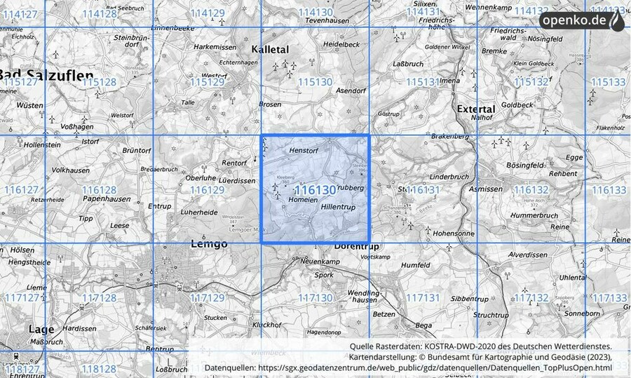 Übersichtskarte des KOSTRA-DWD-2020-Rasterfeldes Nr. 116130