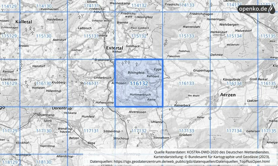 Übersichtskarte des KOSTRA-DWD-2020-Rasterfeldes Nr. 116132