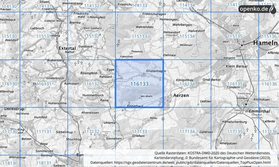 Übersichtskarte des KOSTRA-DWD-2020-Rasterfeldes Nr. 116133