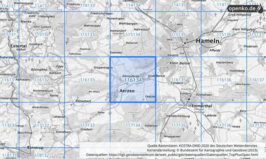 Übersichtskarte des KOSTRA-DWD-2020-Rasterfeldes Nr. 116134