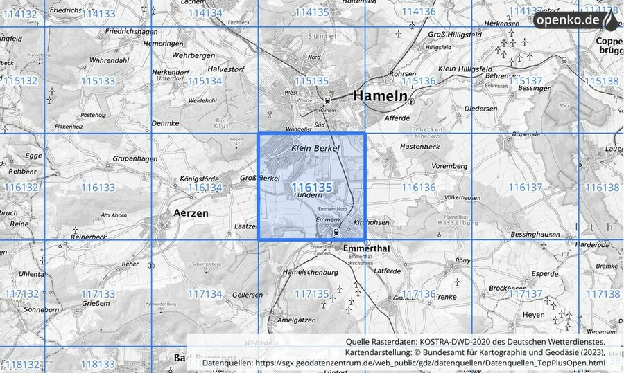 Übersichtskarte des KOSTRA-DWD-2020-Rasterfeldes Nr. 116135