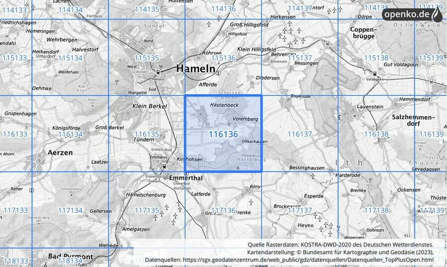 Übersichtskarte des KOSTRA-DWD-2020-Rasterfeldes Nr. 116136