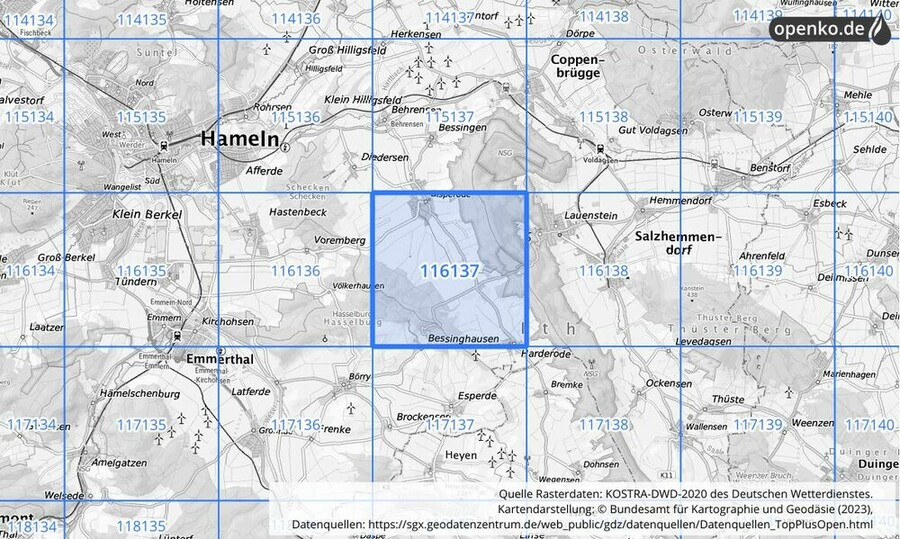 Übersichtskarte des KOSTRA-DWD-2020-Rasterfeldes Nr. 116137